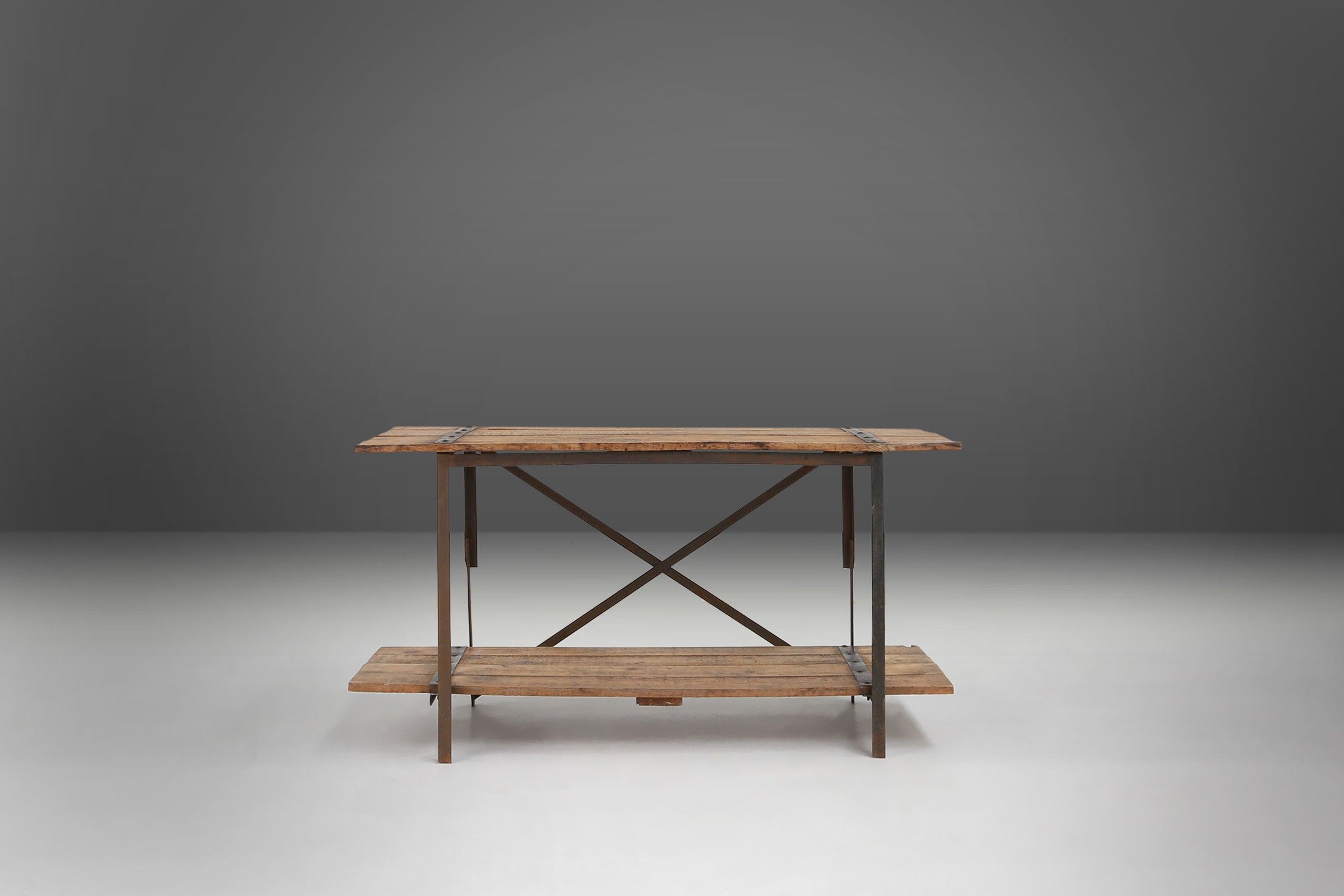  Industrial side tables with metal frame and wooden top and removable platform, Belgium, 1920thumbnail